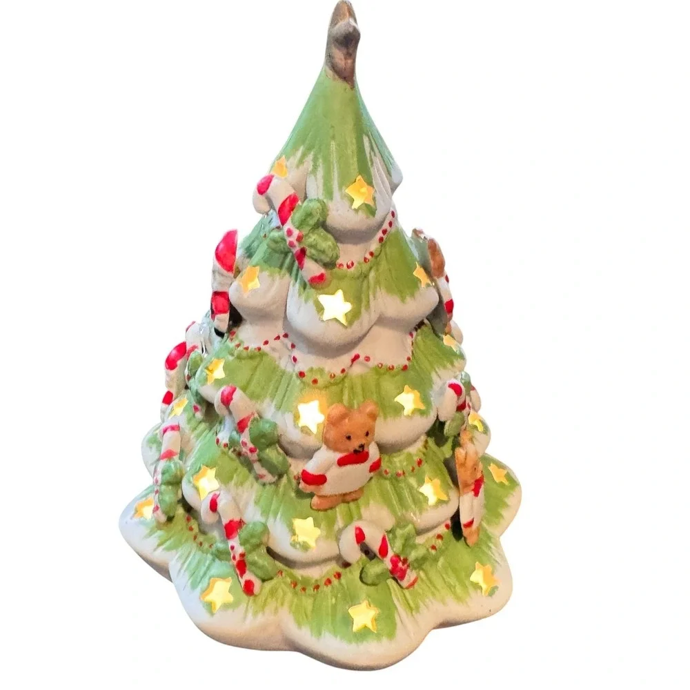 Vintage Ceramic Lighted Christmas Tree Santa Teddy Bear Candy Cane Star Cutouts